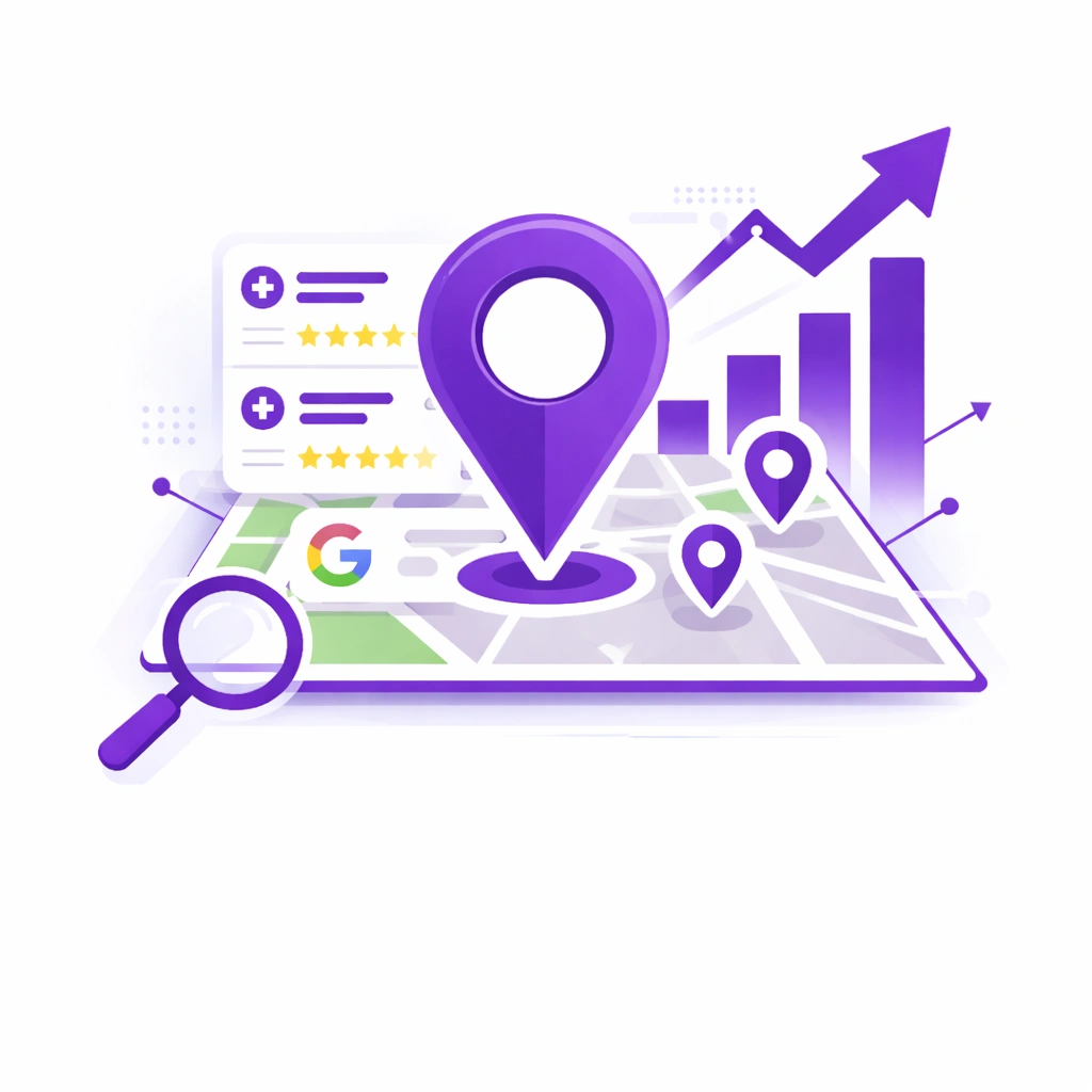 Local SEO and Google Map Pack growth illustration featuring a purple map pin, rising bar chart, upward arrow, magnifying glass, and local business listing interface.