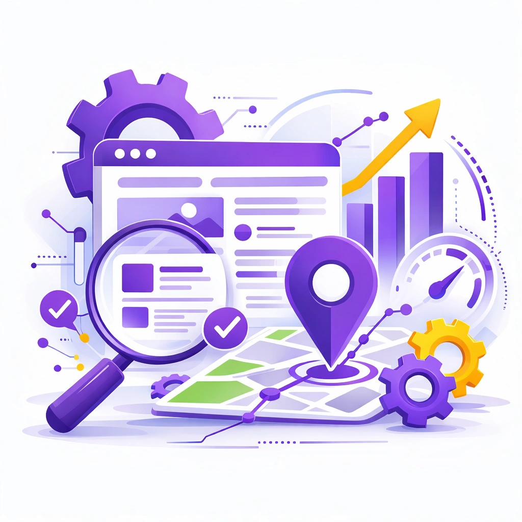 Technical SEO and site optimization illustration with purple analytics dashboard, map location pin, magnifying glass, growth chart, and gears representing website performance improvement.